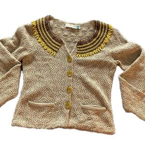 Anthropologie   Sparrow  Lambs Wool Yellow and Brown BeadedCardigan, Medium
